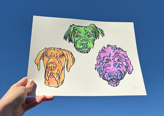 3 Pets- Custom Colorful Pet Portrait