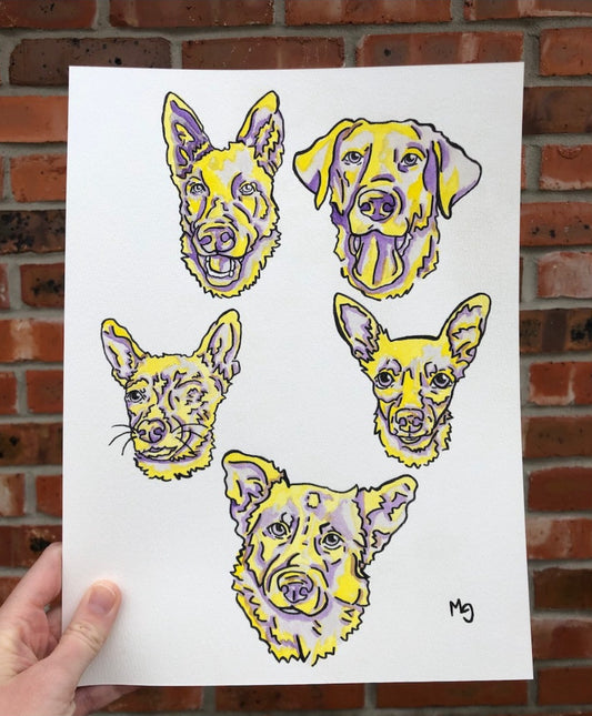 5 Pets- Custom Colorful Pet Portrait